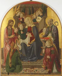 Madonna und Kind auf dem Thron mit Engeln und Heiligen, ca. 1440er